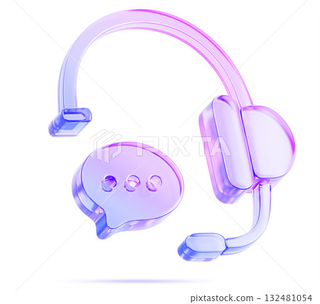 Customer support service, call center 3d icon. Glass hologram headset, purple blue gradient headphones with microphone, speech bubble chat. Telemarketing, internet technical helpdesk. 3D illustration Customer support service, call center 3d icon. Glass hologram headset, purple blue gradient headphones with microphone, speech bubble chat. Telemarketing, internet technical helpdesk. 3D illustration 132481054