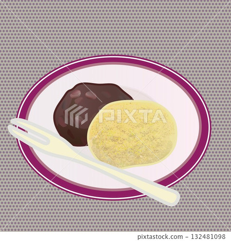 用大豆粉和豆醬製成的萩米團,盛在盤子裡 用大豆粉和豆醬製成的萩米團,盛在盤子裡 132481098