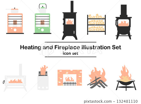 Stock Illustration: Icon set of heating appliances and wood stoves Stock Illustration: Icon set of heating appliances and wood stoves 132481110