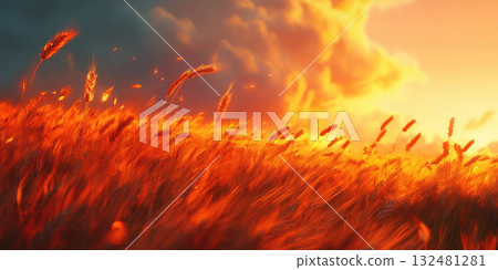 Golden Wheat Fields Gently Swaying Under the Warm Glow of a Sunset Horizon Golden Wheat Fields Gently Swaying Under the Warm Glow of a Sunset Horizon 132481281