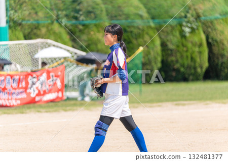 一名國中女生在俱樂部活動中投出壘球 132481377