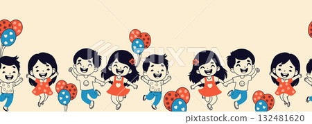 Seamless Children Border. Happy Cute kids Girl and Boy with balloons. Horizontal Background Template. Doodle hand drawing character for design and childish project. Vector Illustration. Not AI 132481620