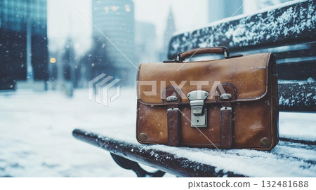 Brown leather briefcase left on a snowy park bench in a city during winter Brown leather briefcase left on a snowy park bench in a city during winter 132481688