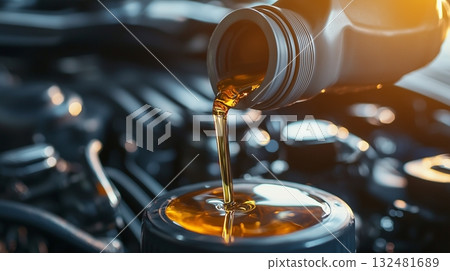 Pouring engine oil into a car's engine during routine maintenance in a garage Pouring engine oil into a car's engine during routine maintenance in a garage 132481689