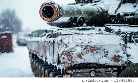 Snow covers military tank in snowy landscape during winter season near abandoned vehicles Snow covers military tank in snowy landscape during winter season near abandoned vehicles 132481693