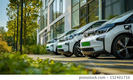 Electric cars parked at a charging station near a modern building in green surroundings during a sunny day 132481710