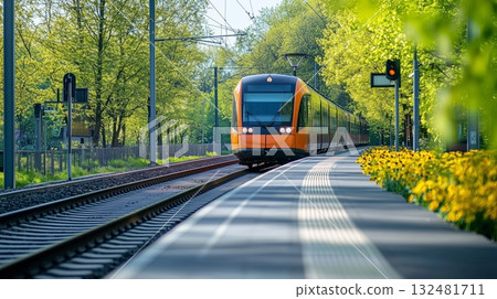 Bright orange train approaching on a sunny day surrounded by green trees and blooming flowers in the countryside 132481711
