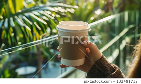 Enjoying a warm drink while relaxing in a tropical setting during a sunny afternoon 132481712