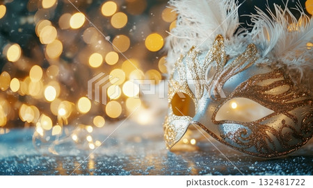 Elegant masquerade mask with sparkling lights set for a festive celebration 132481722