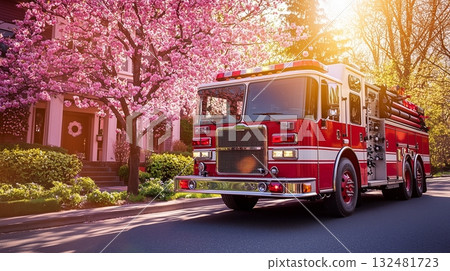 Fire truck responding on a sunny day amidst blooming cherry blossoms in a residential neighborhood 132481723