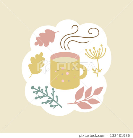 Cozy autumn mug with hot chocolate, tea or coffee, and autumn leaves 132481986