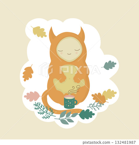 Cozy autumn picnic, tea party in the park with a cute cartoon character 132481987