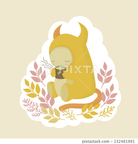 Cute monster spends time drinking a mug of hot tea, coffee, cozy autumn picnic 132481991