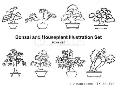 圖庫插圖: 盆景和室內植物線條畫圖示集 132482142
