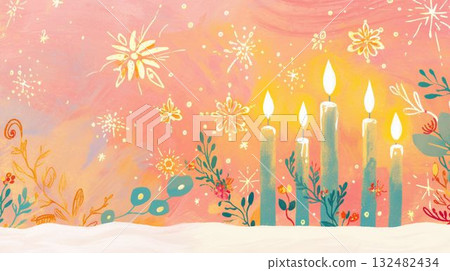 雪地上的粉紅蠟燭與冬花 132482434