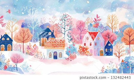 Little winter house on a starry night 132482443