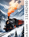 A steam locomotive pushing through the snow 132482480