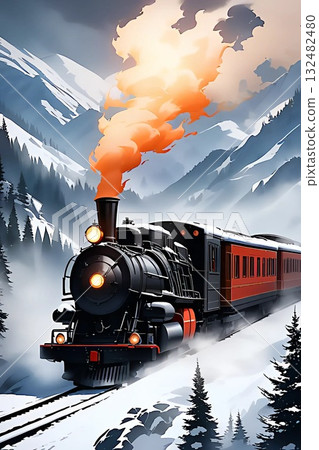 一輛蒸汽機車在雪地中前行 一輛蒸汽機車在雪地中前行 132482480