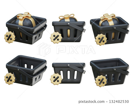 cartoon style black friday shopping basket with discount tag 3D graphic 132482530