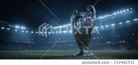 UEFA Champions League trophy shines under stadium lights at a nighttime match 132482531
