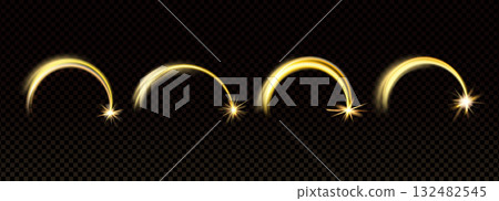Shooting star with golden light set. Magic gold arch with sparkles collection. Glowing meteor with trail. Glimmering shiny stars in motion. Christmas vector illustration on transparent background Shooting star with golden light set. Magic gold arch with sparkles collection. Glowing meteor with trail. Glimmering shiny stars in motion. Christmas vector illustration on transparent background 132482545