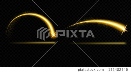 Magic shooting star with an arc and light trail set. Gold stardust sparkle, meteor arch. Flare shine light texture. Vector illustration effect by shine curve line on a night transparent background Magic shooting star with an arc and light trail set. Gold stardust sparkle, meteor arch. Flare shine light texture. Vector illustration effect by shine curve line on a night transparent background 132482546