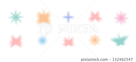 Blur pastel gradient icons set. Y2k retro butterfly and flower. Colorful gradation icons isolated. Florals and butterflies translucent. Trendy effect with blurry texture. Vector illustration 132482547