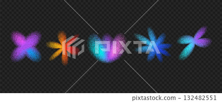 Grain gradient y2k flowers icons. Blur grainy bright noise floral set. Holographic simple shapes. Transition pink, blue elements figures. Vector spray gradation isolated on transparent background 132482551