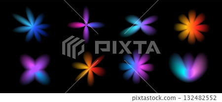 Colorful neon flowers y2k gradient icon. Gradation floral shapes. Bright wildflower blur translucent sticker. Smooth retro tulip, daisy figures. Blurry textured vector illustration isolated on dark bg 132482552