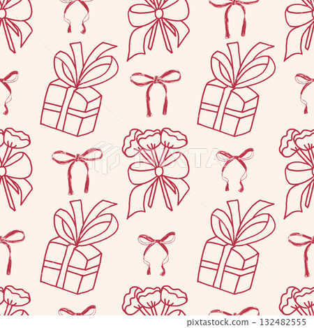 Coquette party crayon seamless pattern. Bouquet of flowers, gift box with bow endless beige and red background. Surface pattern whimsical birthday, wedding design motif. Vector hand drawn illustration Coquette party crayon seamless pattern. Bouquet of flowers, gift box with bow endless beige and red background. Surface pattern whimsical birthday, wedding design motif. Vector hand drawn illustration 132482555