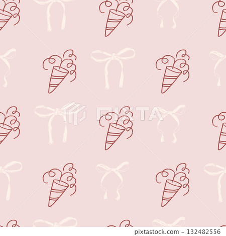 Coquette party pink confetti and bowknot crayon seamless pattern. Confetti cracker, ribbons endless background. Girly repeat cover. Surface pattern birthday design. Vector hand drawn illustration Coquette party pink confetti and bowknot crayon seamless pattern. Confetti cracker, ribbons endless background. Girly repeat cover. Surface pattern birthday design. Vector hand drawn illustration 132482556