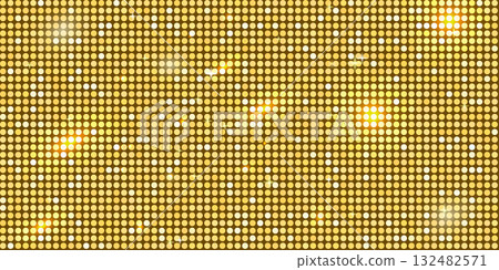 Golden disco ball inspired glitter mosaic pattern with sequin shine and sparkle texture. Circles halftone backdrop. Yellow party background with mirror light decoration. Vector illustration Golden disco ball inspired glitter mosaic pattern with sequin shine and sparkle texture. Circles halftone backdrop. Yellow party background with mirror light decoration. Vector illustration 132482571