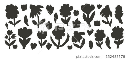 Flower paper cutouts silhouette set. Scrapbook black floral elements collection. Collage leaves, tulip wildflowers linocut shapes. Scrapbook handmade textured. Vector collages scissors cut figures 132482576