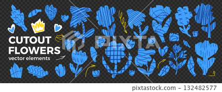 Scribble cutout flowers paper stickers. Set of scrapbook naive floral diy shapes. Pencil or crayon doodle, grid textures. Kids blue collage wildflower scissors cut out. Vector vibrant scrap book pack 132482577