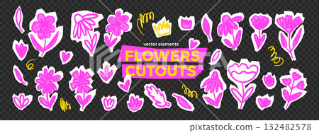 Marker textured flowers collage cutout stickers set. Paper vibrant kids camomile, leaves and wildflower shapes. Scrapbook trendy bold fuchsia color floral elements. Vector pieces of paper diy doodles 132482578