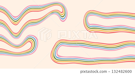 Groovy rainbow abstract lines background. Wavy dynamic stripes vintage colors cover. Playful liquid squiggle wave arch wall design. Vector retro beige wiggle ornament 132482600