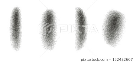 Black grainy gradient textured splotch shapes set. Monochrome stippled splatter figures. Grunge noise dotwork. Undulate splashes with speckles. Vector illustration isolated on transparent background 132482607
