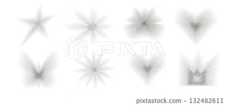 Grain y2k shapes. Dot noise gradient. star, butterfly, heart. Y2k retro stippling twinkle forms. Butterflies, daisy and crown spray icons isolated. Vector black grainy effect grunge shape illustration 132482611