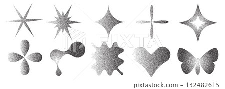Geometric abstract figures with grain noise gradient texture. Y2k retro stippling icon forms set. Butterfly, heart and star flower icons. Vector gritty black monochrome illustration Geometric abstract figures with grain noise gradient texture. Y2k retro stippling icon forms set. Butterfly, heart and star flower icons. Vector gritty black monochrome illustration 132482615