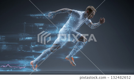 Soccer player sprinting in a modern environment with holographic effects showcasing speed and technology 132482652