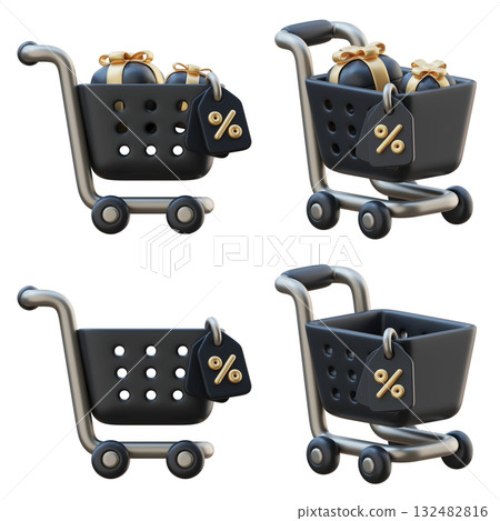 cartoon style black friday shopping cart with discount tag 3D graphic 132482816