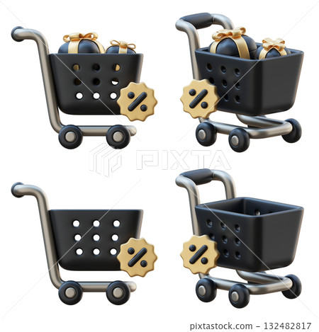 cartoon style black friday shopping cart with discount tag 3D graphic 132482817
