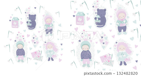 A set of illustrations and seamless pattern cute characters for Valentine's Day A set of illustrations and seamless pattern cute characters for Valentine's Day 132482820