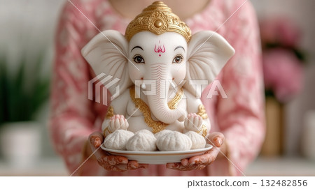 A Beautifully Crafted Idol of Ganesha Held by a Devotee, Symbolizing Prosperity, Wisdom A Beautifully Crafted Idol of Ganesha Held by a Devotee, Symbolizing Prosperity, Wisdom 132482856