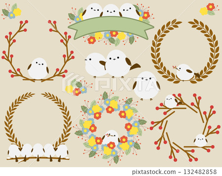 Cute long-tailed tit and plant frame set Cute long-tailed tit and plant frame set 132482858