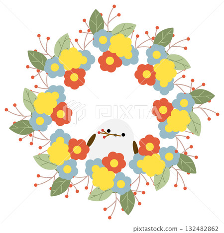Long-tailed tit and Nordic-style botanical wreath Long-tailed tit and Nordic-style botanical wreath 132482862