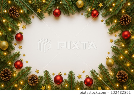 A Festive Christmas Frame Decorated with Red and Gold Ornaments 132482891