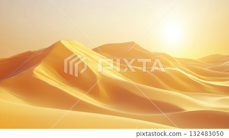 Low poly desert with rolling dunes and minimal rock formations in bright yellow and orange color scheme 132483050