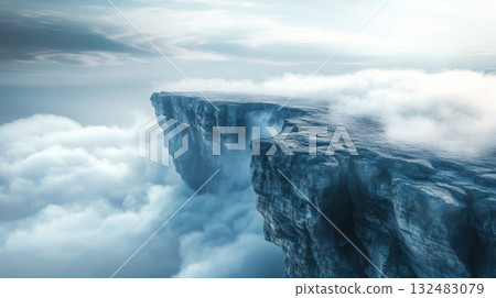 Mystic cliffside with swirling clouds and fog, jagged rocks faintly visible creating a serene, timeless atmosphere 132483079