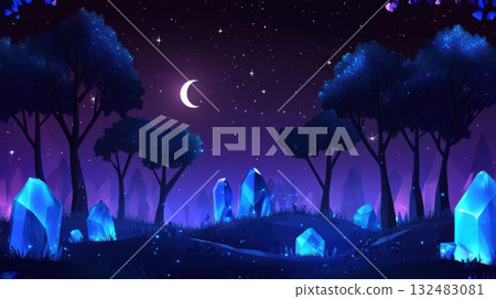 Glowing blue trees and crystal rocks in a low poly forest at night with dark purple sky and stylized stars 132483081